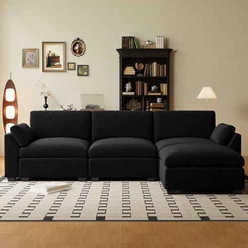 Belffin 4-Seater L Shaped Sectional Couch with Ottoman,36" Deep Seat Cloud Modular Sofa,Breathable Velvet Frabic,Tool-Free Assembly,Black Black L Shap