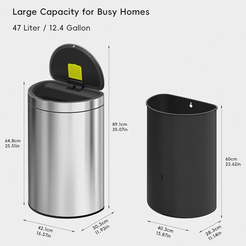 Image of EKO Mirage Semi-Round Motion Sensor Trash Can or Recycling Bin, 47 Liter / 12.4 Gallon Automatic Large Kitchen Trash Can with Deodorizer Compartment, Removable Lid and Bucket, Matte Stainless Steel