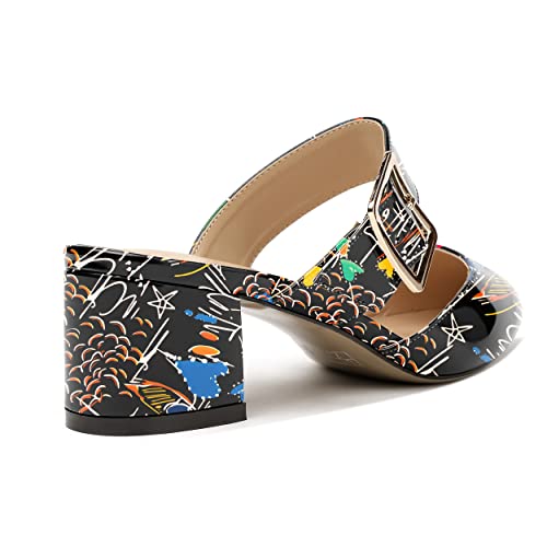 Modencoco Women's Buckle Chunky Mule Point Solid Patent Low Heel Pump Adjustable Strap Clogs And Mules Shoes Black Love Painting Size 11.5 - Tacones De Mujer Sexy #TOP4