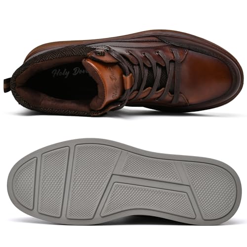 Image of Men's Brown Leather Sneaker Boots Casual Oxford Boot Comfy Shoes for Men Mid-Top Lace Up Fashion Shoe 9