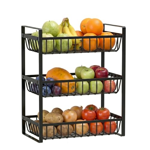 Image of 2 Tier Countertop Fruit and Vegetables Basket | Multipurpose Storage Organize Stand for Kitchen, Dining Table and Bathroom (3 Tier Black)