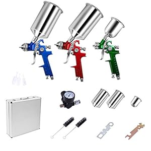 Goplus HVLP Air Spray Gun Set, 2 Full Size & 1 Detail Spray Guns w/1.0mm,1.4mm,1.7mm Nozzles, Auto Gravity Feed Spray…