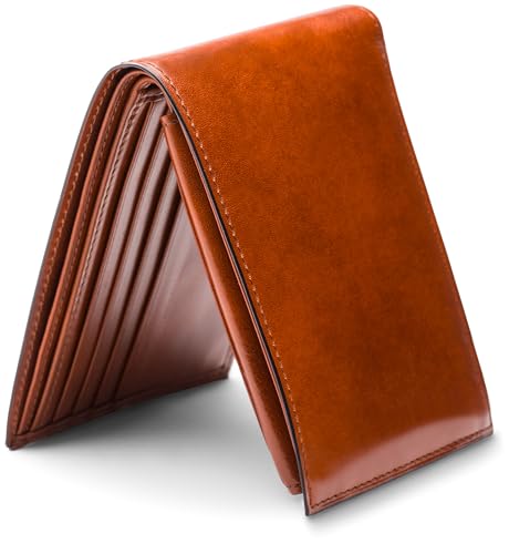 Image of Bosca Men's Italian Leather Bifold Wallet with Removable ID Passcase, RFID Blocking, 8 Card Slots, and Divided Currency Well - Made in Italy, Amber Tan