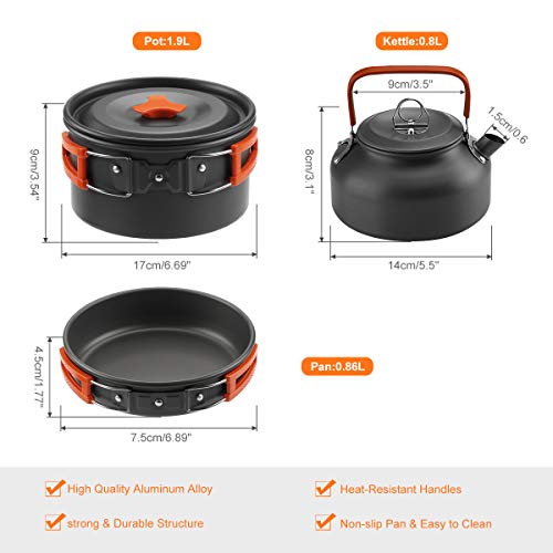 Camping Crockery Set for 2 People with Camping Stove, Awroutdoor Camping Cooking Set Pots, 0.8 L Teapot 2 Cups Aluminium, Camping Picnic Cookware Cookware Set Foldable Pot Pan Cooking Cookware Set - Image 4