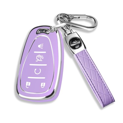 QBUC for Chevy Key Fob Cover with Leather Keychain Soft TPU Protection Case Compatible with 2016-2026 Chevy Malibu Blazer Traverse Equinox Trailblazer 5-Buttons(Chrome Trim Purple)