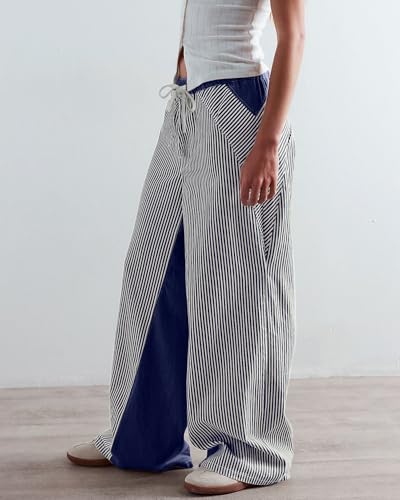Image of PEIHOT Low Rise Striped Pants for Women Pull On Drawstring Boho Wide Leg Jeans Trendy 2026