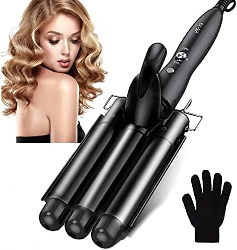 3 Barrel Curling Iron Ceramic Hair Waver Curler Temperature Adjustable 25mm Hair Curling Wand Portable Hair Styler for Travel Heats Up Quickly with Heat Resistant Glove (Black)…