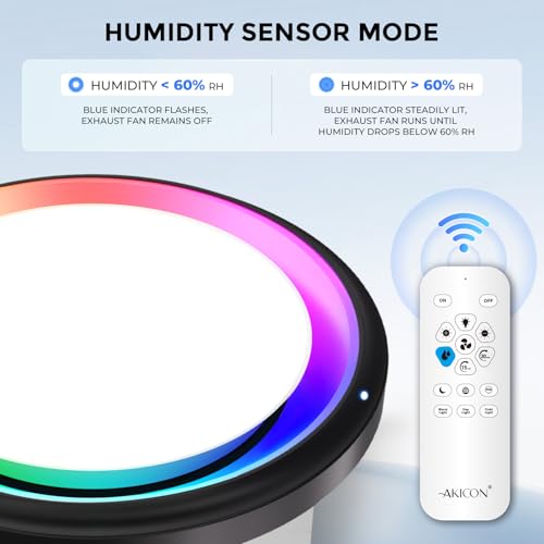 Image of Akicon Bathroom Exhaust Fan with Light & Humidity Sensor, 110 CFM 1.5 Sones Vent Fan with RGB Light, 3CCT Dimmable & Nightlight for Shower Room, Round, Black, No Wall Switch Required