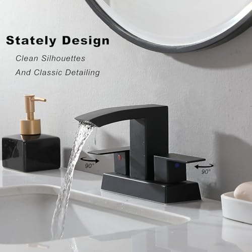 Friho Waterfall Matte Black Bathroom Faucet 3 Hole, 4 Inch 2 Handle Centerset Sink Faucet for Lavatory RV Vanity with Square Spout, Pop up Drain and Water Hoses. - Thumbnail 4