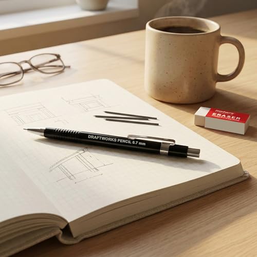 Image of Isomars Draftex Mechanical Pencil 0.7mm (2B) Black with 10 Extra Leads & Eraser | Drafting Pencil for Technical Drawing, Sketching, Engineering, Architecture & Writing