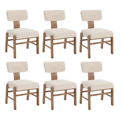 BESTANO Farmhouse Upholstered Dining Chairs Set of 6,Linen Fabric Modern Kitchen & Dining Room Chair with Wood Legs Comfy Accent Side Chairs Armless for Dining Living Room,Beige