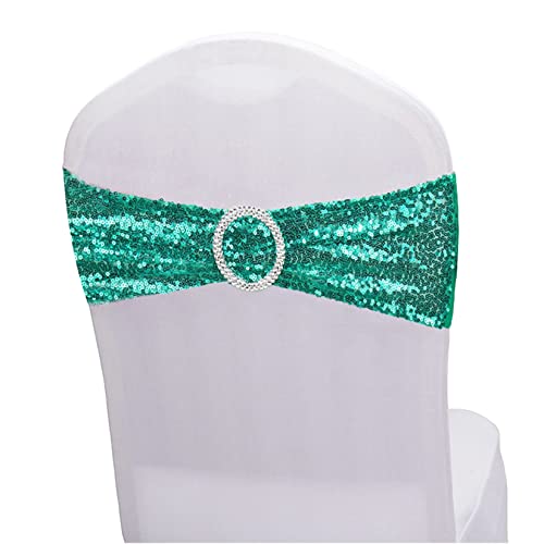 Sequin Chair Sashes Spandex, Pack of 12 Sequin Stretch with Buckle Chair Bands for Wedding Banquet Birthday Graduation Party Anniversary Prom Celebration Chair Decorations (Teal, 12pcs)