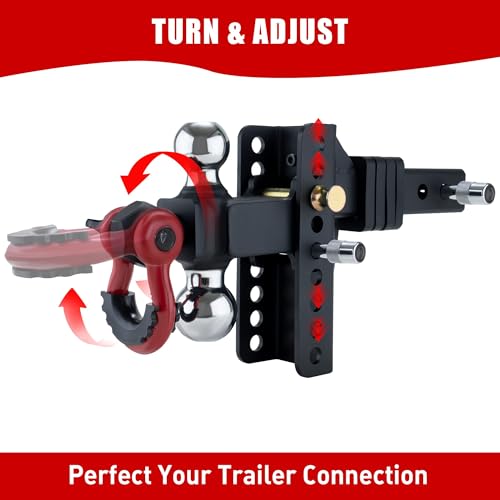 TYT Adjustable Trailer Hitch Ball Mount with Lock&Pin&Rotatable Tow Shackle, Fits 2-in Receiver, 5\" Rise/Drop, 2-in, 2-5/16-in Hitch Ball, 10000LBS GTW, Ultra Quiet