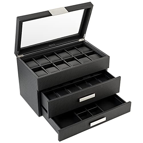 Glenor Co Watch Box With Valet Drawer For Men - 24 Slot Luxury Watch Case Display Organizer, Carbon Fiber Design - Metal Buckle For Mens Jewelry Watches, Men's Storage Boxes Holder Has Large Glass Top #TOP4