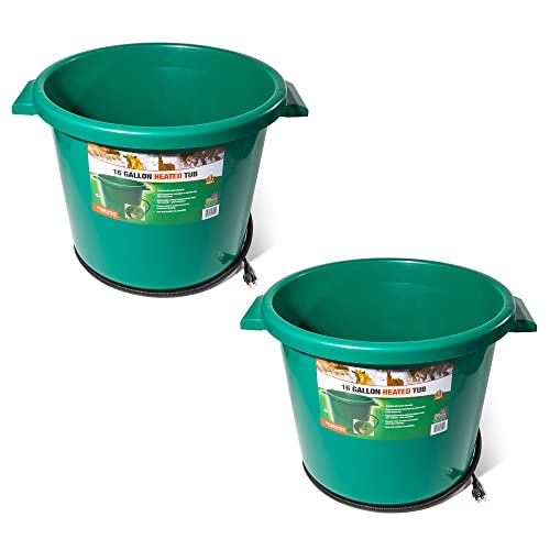 Farm Innovators 2 Pack Heated Water Bucket, 200W Heating Power - 16 Gallon Plastic Bucket with Replaceable Heating Element for Livestock Watering & Feeding
