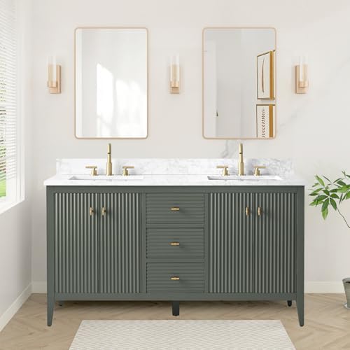 HOMEBEYOND 60" Bathroom Vanity with Double Sink, Solid Wood Bathroom Vanity Free-Standing Cabinet, Ceramic Top & Soft Closing Door, Golden Brushed Handware, Vintage Green