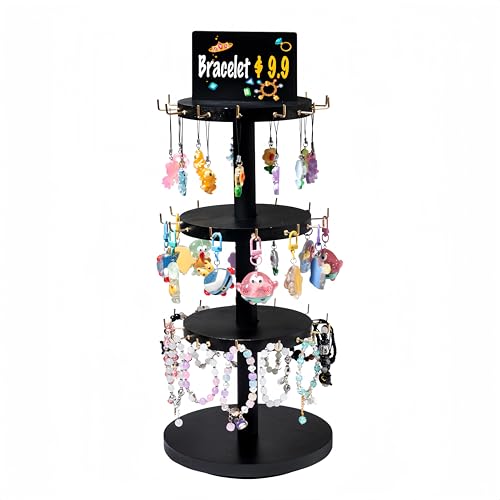 humberboat Bracelet Holder, Wooden 3 Tier Rotating Jewelry Display Stand, Tree Stand Vendor Stand Display with Advertising Board, 39 Hooks for Bracelet, Key Chain Display Stand for Store Selling-Black