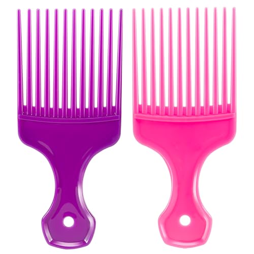 SIMPOR 2 Pcs Hair Pick Comb Wide Tooth Lift for Hair Styling Detangling Plastic Afro Pick for Women Men (Purple, Pink)