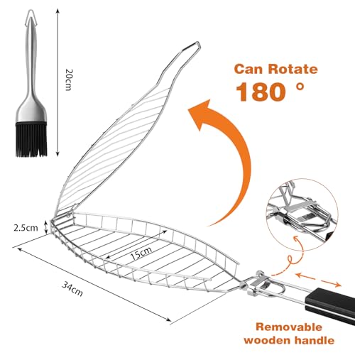 penobon Fisch Grillhalter mit Ölbürste, Fischzange zum Grillen, Fischgrillgitter aus Edelstahl mit Abnehmbarem Griff für Grillfische, Steak, Fischfilets