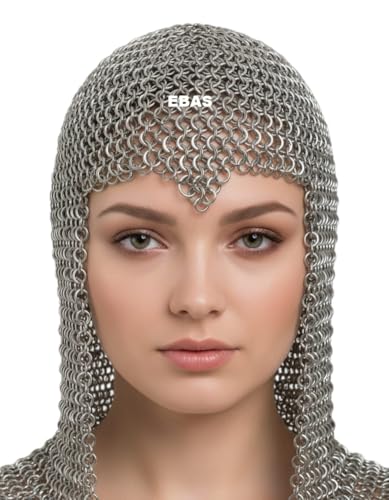 ebas Medieval Chainmail Coif Butted Ring Armor Hood for LARP Reenactment Knight Cosplay & Viking Costume Accessory