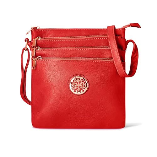 Woodland Leathers Crossbody Bags For Women, Multi Zipper Spacious Cross Body Bag Women With Adjustable Crossbody Strap, Golden decorated Women's Hobos & Shoulder Bags (Red)