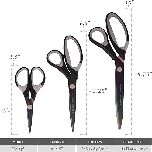 Bamboomn Titanium Softgrip Scissors Set For Sewing, Arts, Crafts, Office - 1 Set Of 3 - Black W/Grey Inlays #TOP1