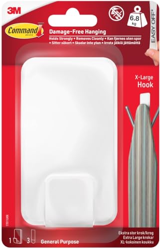Command Utility Hook X-Large for Heavyweight - 1 Hook in White and 3 Adhesive Strips for Indoor and Other Items up to 6.8 kg - No Nails No Holes No Drilling