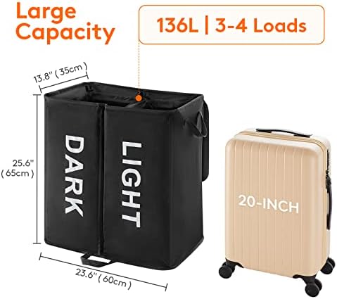 Lifewit 136L Double Laundry Hamper with Lid and Removable Laundry Bags, Large Divided Hamper, Collapsible 2 Section Laundry Basket with Handles for Bedroom, Bathroom, College Dorm, Laundry Room, Black