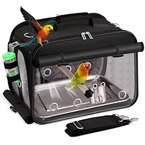 Sanmoncare Airline Approved Bird Carrier, Indestructible Stainless Steel Mesh Parrot Travel Cage, Cockatiels Travel Carrier Lightweight and Portable with Water Bottle and Bowl Cover