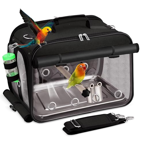 Sanmoncare Airline Approved Bird Carrier, Indestructible Stainless Steel Mesh Parrot Travel Cage, Cockatiels Travel Carrier Lightweight and Portable with Water Bottle and Bowl