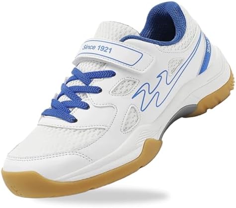 cungel Kids Volleyball Tennis Pickleball Badminton Shoes, Boys Girls Indoor Court Tennis Shoes, Hook & Loop Strap Athletic Sneakers for Little Kid/Big Kid White Blue