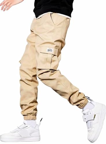 JMIERR Mens Casual Joggers Pants Stretch Elastic Waist Drawstring Cargo Pants Slim Fit Tapered Sweatpants for Men with Multi Pockets,US 34(M),Light Khaki