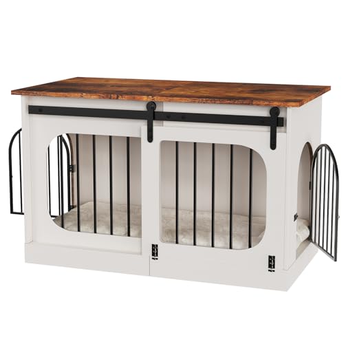 YDTOP Hundebox für Zuhause 100cm, XL Hundekäfig Möbel mit 3 Schiebetüren & Hundematte, Moderne Hundehütte Holz für Kleine Mittlere Große Hunde, 100x60x69cm, Weiß & Braun