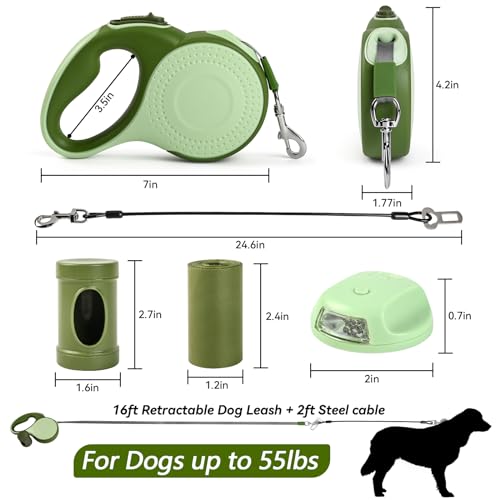 Retractable Dog Leash 16ft, 6-in-1 with Chew Proof Cable, LED Light, Dispenser, 2 Poop Bags. 360° Tangle-Free, One Button Brake & Lock, Anti-Slip Handle, for Dogs Up to 55lbs.(Green, 16ft) Retractable Dog Leash 16ft, 6-in-1 with Chew Proof Cable, LED Light, Dispenser, 2 Poop Bags. 360° Tangle-Free, One Button Brake & Lock, Anti-Slip Handle, for Dogs Up to 55lbs.(Green, 16ft)