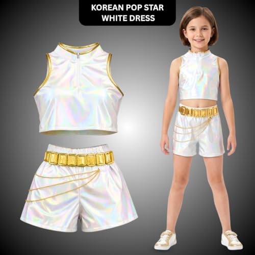 Image of Wanna Party Korean Pop Inspired Demon Hunterz Rumi Iridescent Costume Set for Girls (Size L, Age 6-8 Years) | Holographic Top, Shorts, Belt & Chain Party Outfit