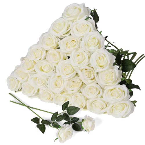 JUSTOYOU 30PCS Artificial Roses Silk Flowers in Bulk Realistic White Fake Roses for Wedding Decorations Home Decor Centerpieces Indoor Floral Arrangements