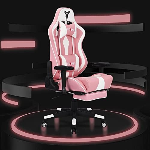 KCREAM Gaming Chair,Ergonomic Racing Workplace Laptop Chair Adjustable Headrest and Therapeutic massage Lumbar Pillows PVC Leather-based Excessive-Again Swivel Process Chair with Footrest (Pink)