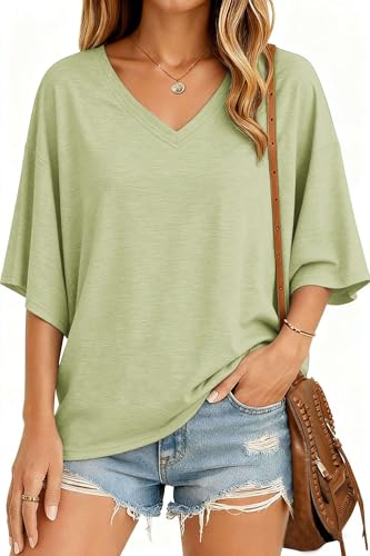 NAIOSS Damen T-Shirt Oversize Kurzarm Oberteil V-Ausschnitt Tunika Sommer Tops