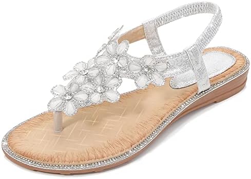 iCKER Women's Ankle Strappy Gladiator Sandals Beach Bohemia Thong Flat Sandal Shoes-PD05-Silver-8.5