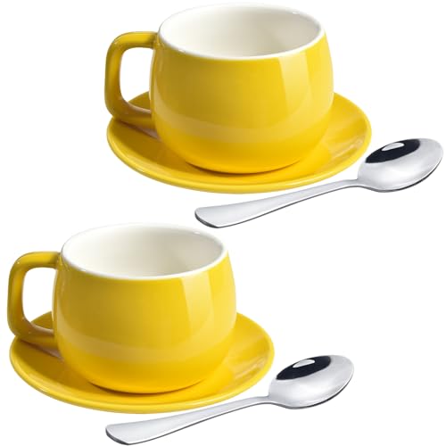 ionEgg Taza de café de porcelana con platillos y cucharas de 270 ml para café con leche, capuchino y té, amarillo, juego de 2 ionEgg Taza de café de porcelana con platillos y cucharas de 270 ml para café con leche, capuchino y té, amarillo, juego de 2