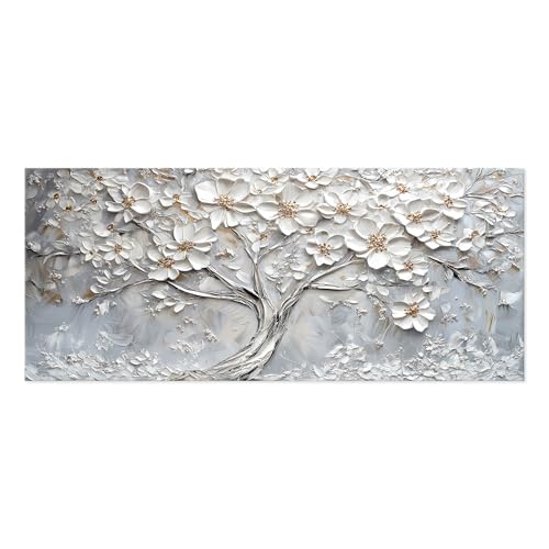 Lupia - Quadro moderno Canvas World TREE FLOWERS WHITE 52x122 cm, Stampa su Tela effetto Pennellate tridimensionale, Albero della Vita, Telaio in Legno, soggiorno capezzale camera da letto ufficio