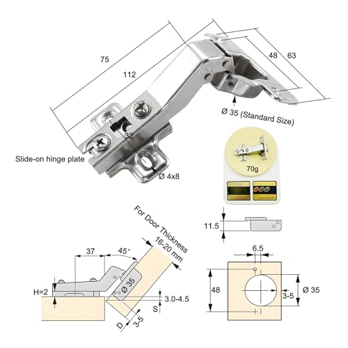 LIKERAINY 45 Degree Hinge Ø 35mm Without Damper for Special Corner Door Hinges for Cabinet Cupboard Wardrobe Folding Angular Doors Pack of 4 by LIKERAINY - Used condition - Image 2