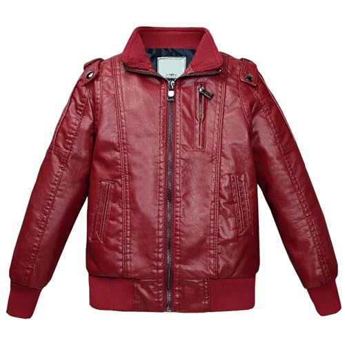 L SERVER Veste en Simili Cuir Garçon Enfant Blouson en Faux Cuir à Col Montant PU Manteau Mode Blouson Motard pour Printemps et Automne, Rouge Vin, 14-15 ans