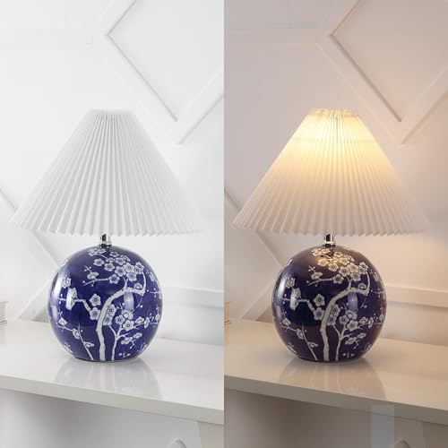 Image of JONATHAN Y 19.5 inch Navy /White Shishen Chinoiserie Ceramic Table Lamp, Traditional Hand-Painted Floral Cottage Lamp with White Pleated Linen Shade, LED Bulb Included (JYL5056C)