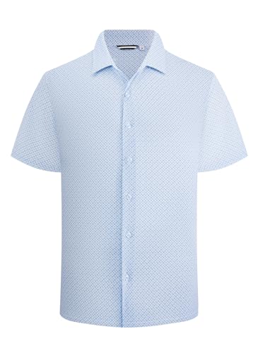 Damipow Men's 8-Way Stretch Breeze Short Sleeve Button Down Shirt Wrinkle Free Print Dress Shirt for Business Casual,LtBlue/Blackline,L