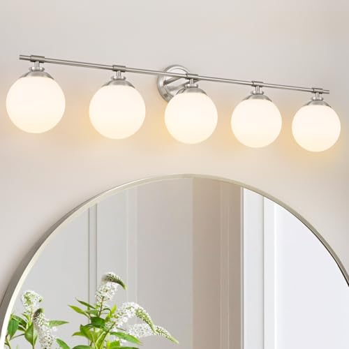 5-Light Nickel Bathroom Vanity Light Fixtures with White Glass Shade by Rayogale - Used condition - US$83.19
