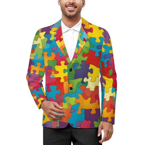 Autism Puzzled Men's Fashion Slim Fit Casual Print Button Suit Jacket Notched Lapel Blazer