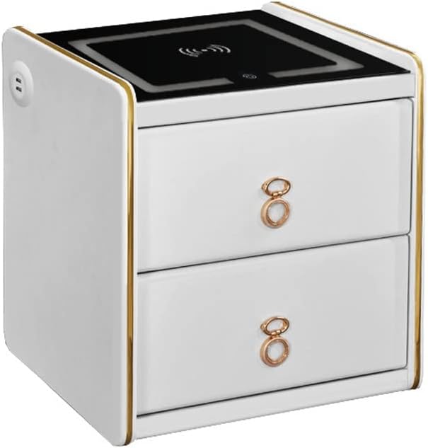 Armoire Chevet Intelligente avec Chargeur Sans fil LED, Meuble Rangement Multifonctionnel avec Table Bois