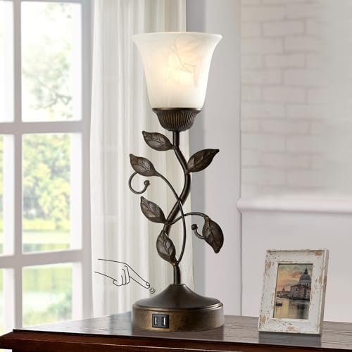 RORIANO Touch Bedside Table Lamp, Vintage Nightstand Lamp with 2 USB Ports for Living Room, 3 Way Dimmable Leaf Lamp Retro Table Lamp for Bedroom with White Glass Shade, LED Bulb Included - Image 3