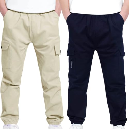 2pc Boys Cargo Pants Childrens Comfy Sports Stretch Elastic Waist School Kids Twill Joggers for 4-13 Years